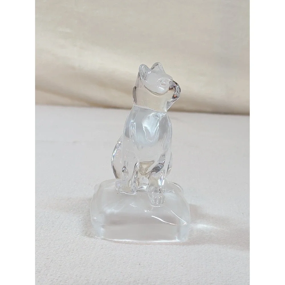 Vintage Clear Art Glass‎ Cat Figurine on Frosted Base Crystal Style Paperweight